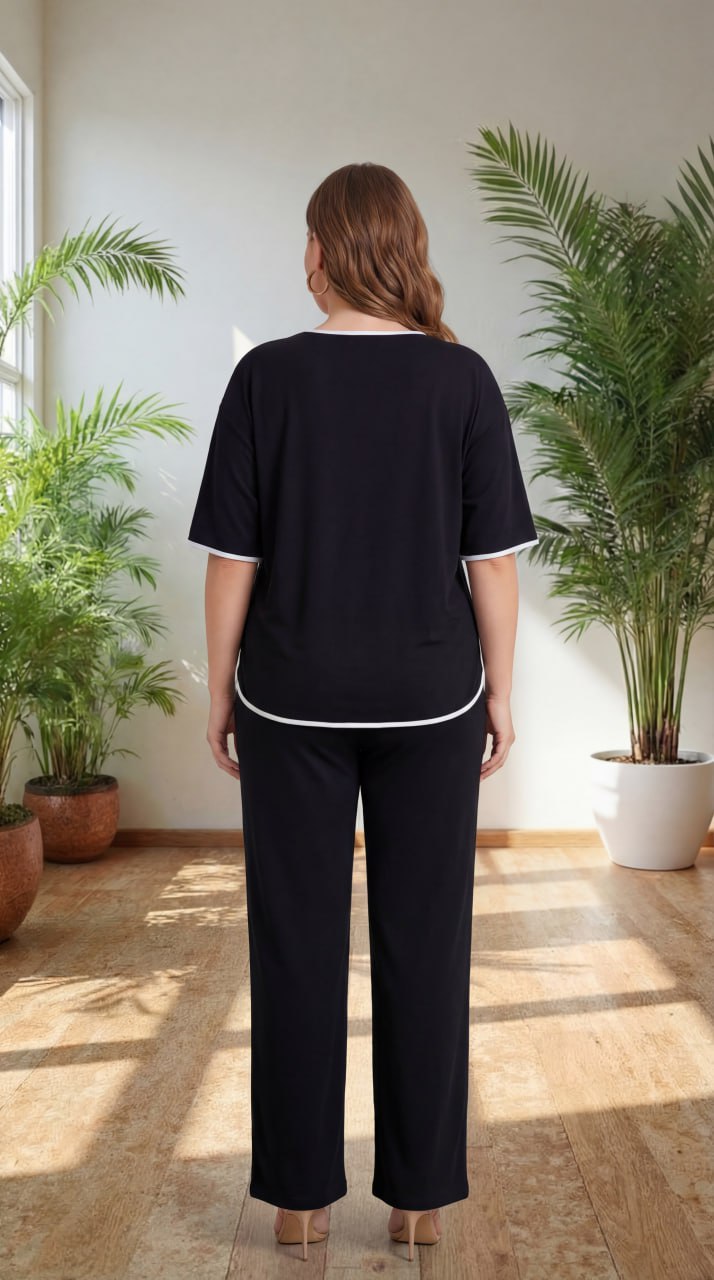 Premium Comfort Co-Ord Set for Women – Stylish Relaxed Fit Top & Straight Pants (Black with Contrast Piping)