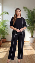 Premium Comfort Co-Ord Set for Women – Stylish Relaxed Fit Top & Straight Pants (Black with Contrast Piping)