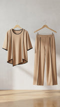 Premium Comfort Co-Ord Set for Women – Stylish Relaxed Fit Top & Straight Pants (Beige with Contrast Piping)
