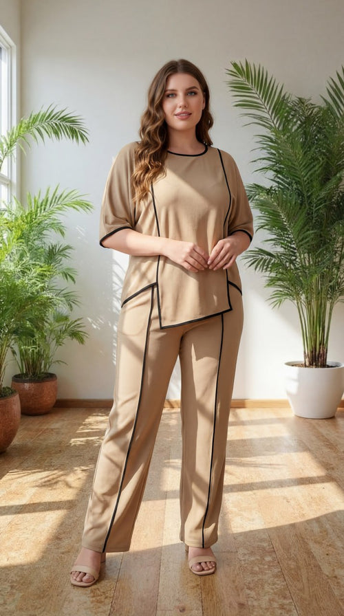 Premium Comfort Co-Ord Set for Women – Stylish Relaxed Fit Top & Straight Pants (Beige with Contrast Piping)