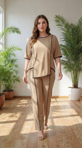 Premium Comfort Co-Ord Set for Women – Stylish Relaxed Fit Top & Straight Pants (Beige with Contrast Piping)