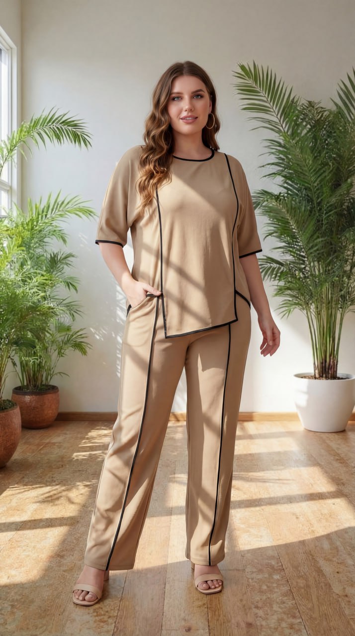 Premium Comfort Co-Ord Set for Women – Stylish Relaxed Fit Top & Straight Pants (Beige with Contrast Piping)