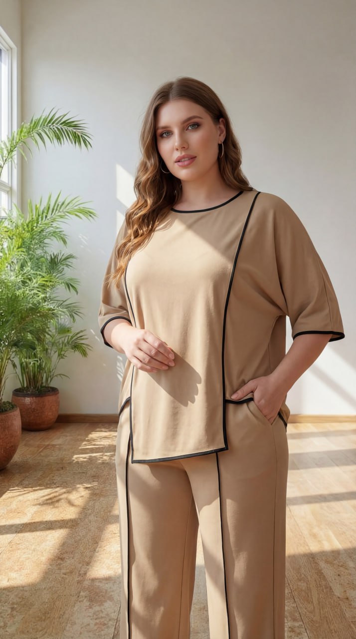 Premium Comfort Co-Ord Set for Women – Stylish Relaxed Fit Top & Straight Pants (Beige with Contrast Piping)