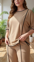 Premium Comfort Co-Ord Set for Women – Stylish Relaxed Fit Top & Straight Pants (Beige with Contrast Piping)