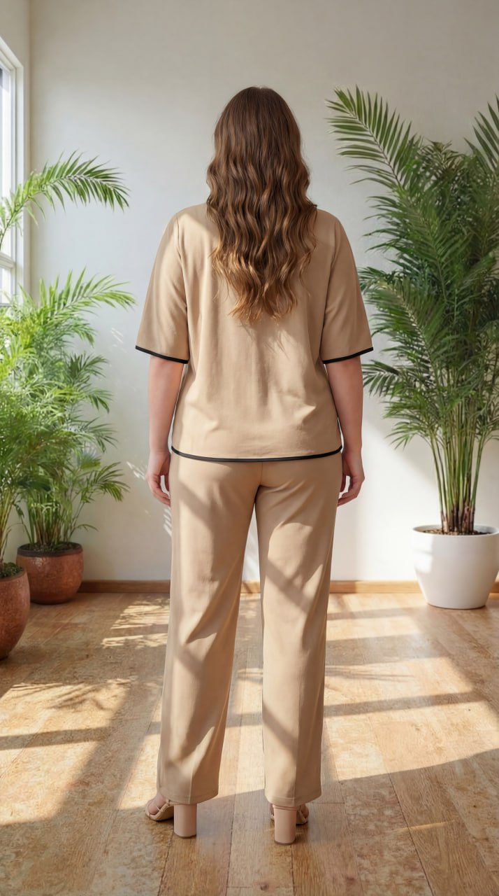 Premium Comfort Co-Ord Set for Women – Stylish Relaxed Fit Top & Straight Pants (Beige with Contrast Piping)