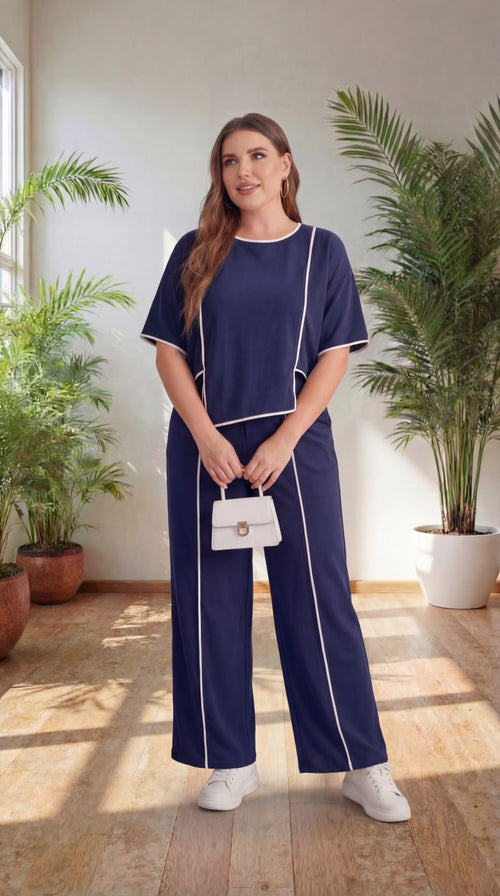 Premium Comfort Co-Ord Set for Women – Stylish Relaxed Fit Top & Straight Pants (Navy Blue with Contrast Piping)