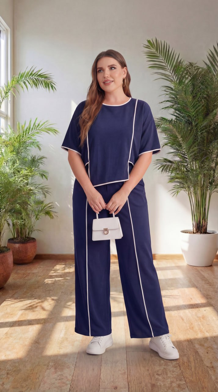 Premium Comfort Co-Ord Set for Women – Stylish Relaxed Fit Top & Straight Pants (Navy Blue with Contrast Piping)
