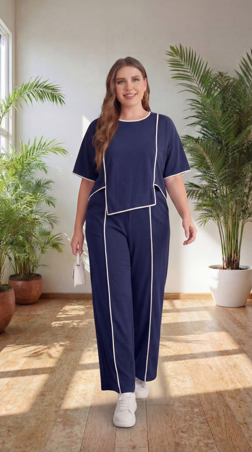 Premium Comfort Co-Ord Set for Women – Stylish Relaxed Fit Top & Straight Pants (Navy Blue with Contrast Piping)