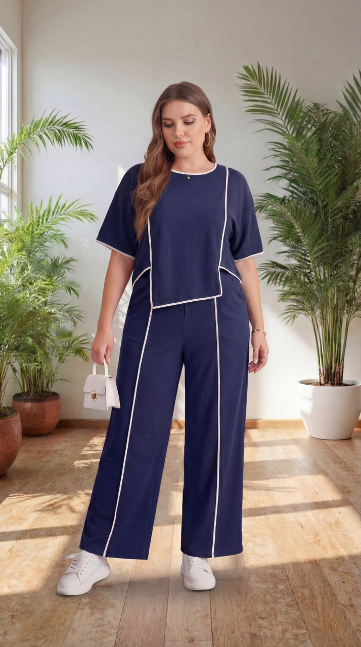 Premium Comfort Co-Ord Set for Women – Stylish Relaxed Fit Top & Straight Pants (Navy Blue with Contrast Piping)