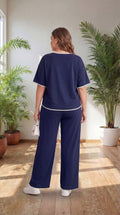 Premium Comfort Co-Ord Set for Women – Stylish Relaxed Fit Top & Straight Pants (Navy Blue with Contrast Piping)