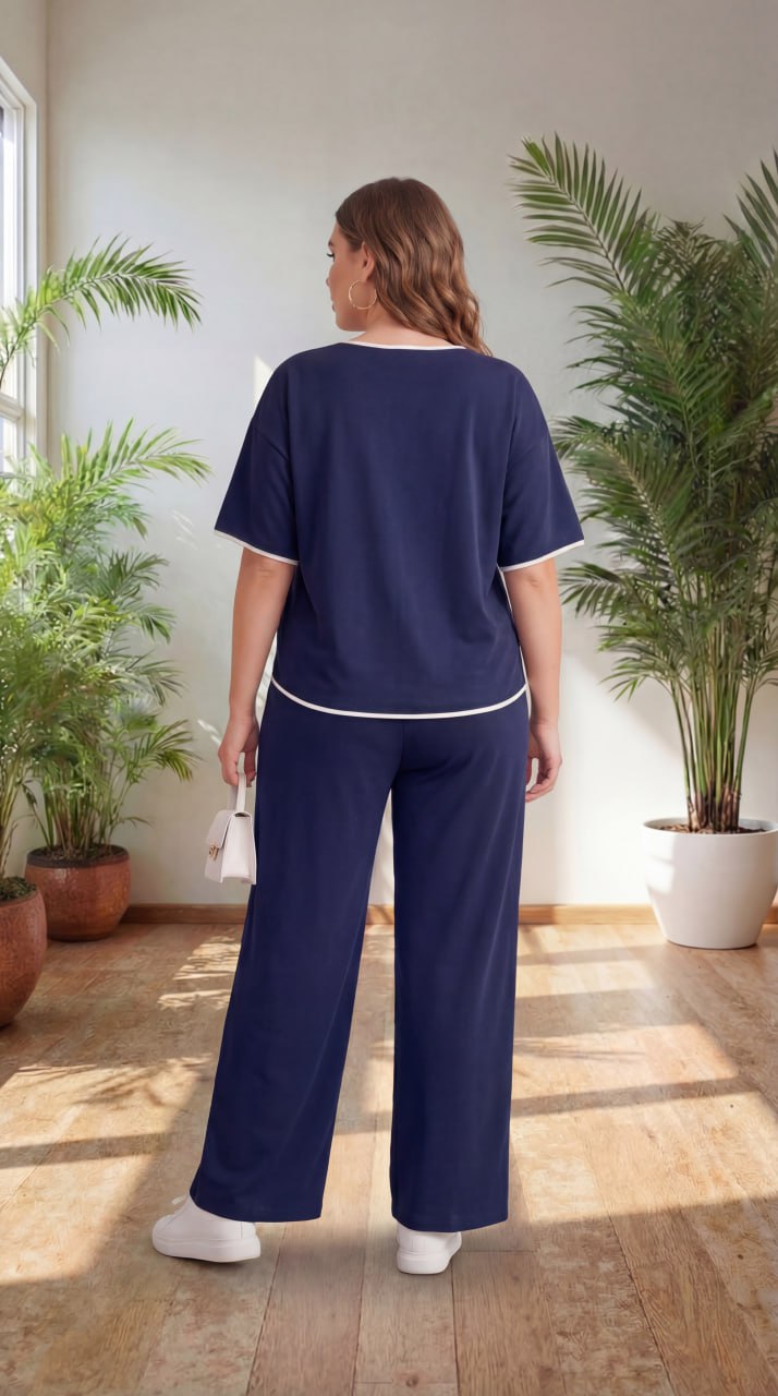 Premium Comfort Co-Ord Set for Women – Stylish Relaxed Fit Top & Straight Pants (Navy Blue with Contrast Piping)