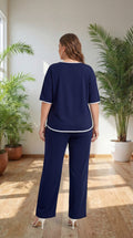 Premium Comfort Co-Ord Set for Women – Stylish Relaxed Fit Top & Straight Pants (Navy Blue with Contrast Piping)