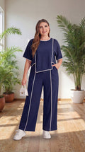 Premium Comfort Co-Ord Set for Women – Stylish Relaxed Fit Top & Straight Pants (Navy Blue with Contrast Piping)