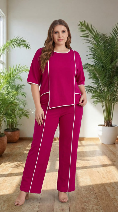 Premium Comfort Co-Ord Set for Women – Stylish Relaxed Fit Top & Straight Pants (Magenta with Contrast Piping)