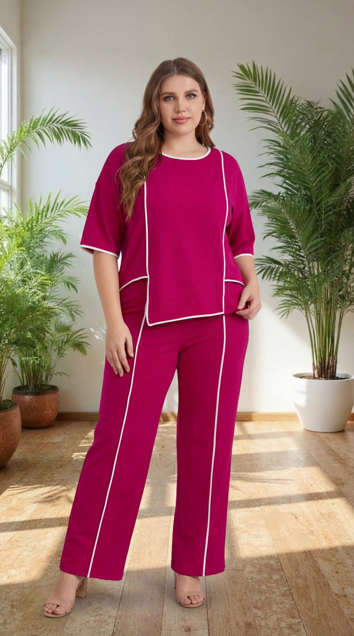 Premium Comfort Co-Ord Set for Women – Stylish Relaxed Fit Top & Straight Pants (Magenta with Contrast Piping)