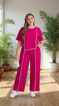 Premium Comfort Co-Ord Set for Women – Stylish Relaxed Fit Top & Straight Pants (Magenta with Contrast Piping)
