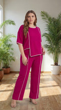 Premium Comfort Co-Ord Set for Women – Stylish Relaxed Fit Top & Straight Pants (Magenta with Contrast Piping)