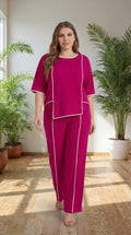 Premium Comfort Co-Ord Set for Women – Stylish Relaxed Fit Top & Straight Pants (Magenta with Contrast Piping)