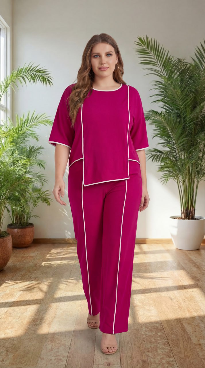 Premium Comfort Co-Ord Set for Women – Stylish Relaxed Fit Top & Straight Pants (Magenta with Contrast Piping)