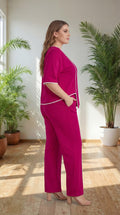 Premium Comfort Co-Ord Set for Women – Stylish Relaxed Fit Top & Straight Pants (Magenta with Contrast Piping)