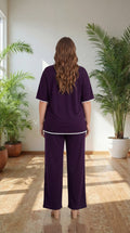 Premium Comfort Co-Ord Set for Women – Stylish Relaxed Fit Top & Straight Pants (Wine with Contrast Piping)