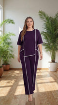 Premium Comfort Co-Ord Set for Women – Stylish Relaxed Fit Top & Straight Pants (Wine with Contrast Piping)