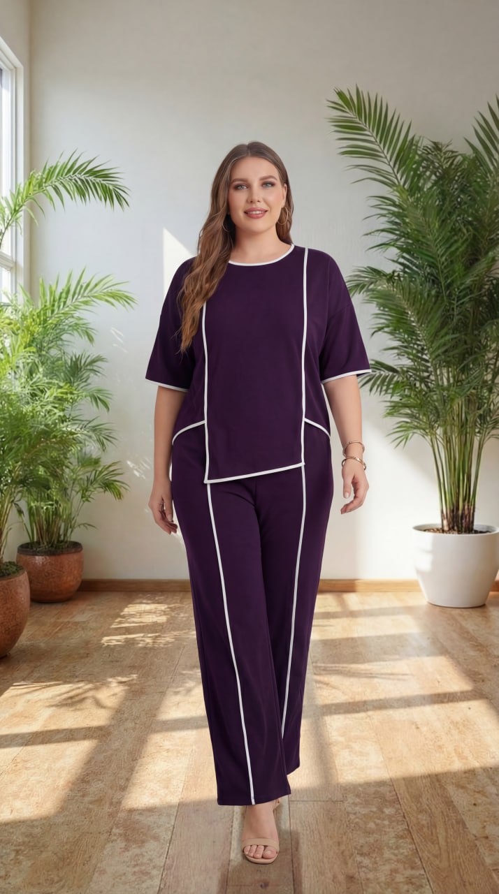 Premium Comfort Co-Ord Set for Women – Stylish Relaxed Fit Top & Straight Pants (Wine with Contrast Piping)