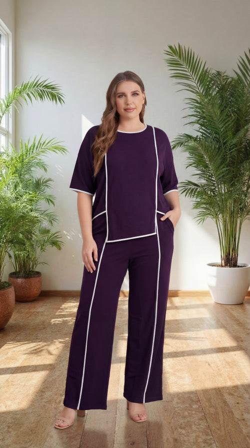 Premium Comfort Co-Ord Set for Women – Stylish Relaxed Fit Top & Straight Pants (Wine with Contrast Piping)