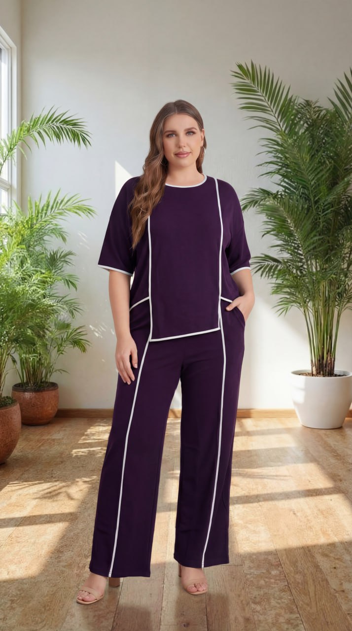Premium Comfort Co-Ord Set for Women – Stylish Relaxed Fit Top & Straight Pants (Wine with Contrast Piping)