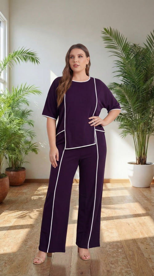 Premium Comfort Co-Ord Set for Women – Stylish Relaxed Fit Top & Straight Pants (Wine with Contrast Piping)