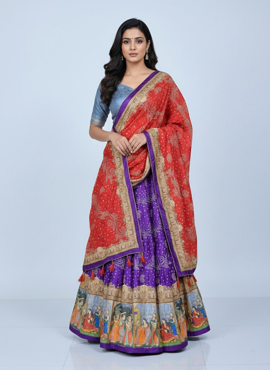 Royal Red & Purple Dola Silk Digital Print Lehenga Choli with Dupatta | Wedding & Festive Designer Lehenga Set