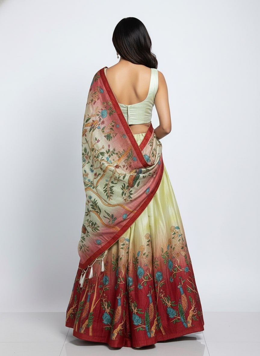 Designer Cream & Red Dola Silk Digital Print Lehenga Choli with Dupatta | Elegant Festive & Wedding Wear Lehenga Set