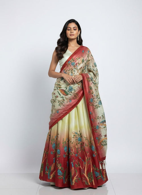 Designer Cream & Red Dola Silk Digital Print Lehenga Choli with Dupatta | Elegant Festive & Wedding Wear Lehenga Set