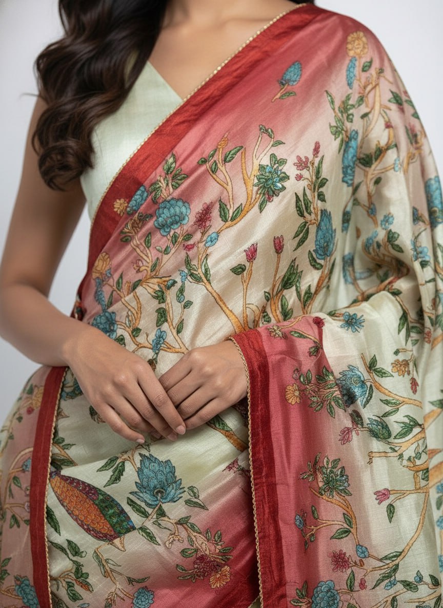 Designer Cream & Red Dola Silk Digital Print Lehenga Choli with Dupatta | Elegant Festive & Wedding Wear Lehenga Set