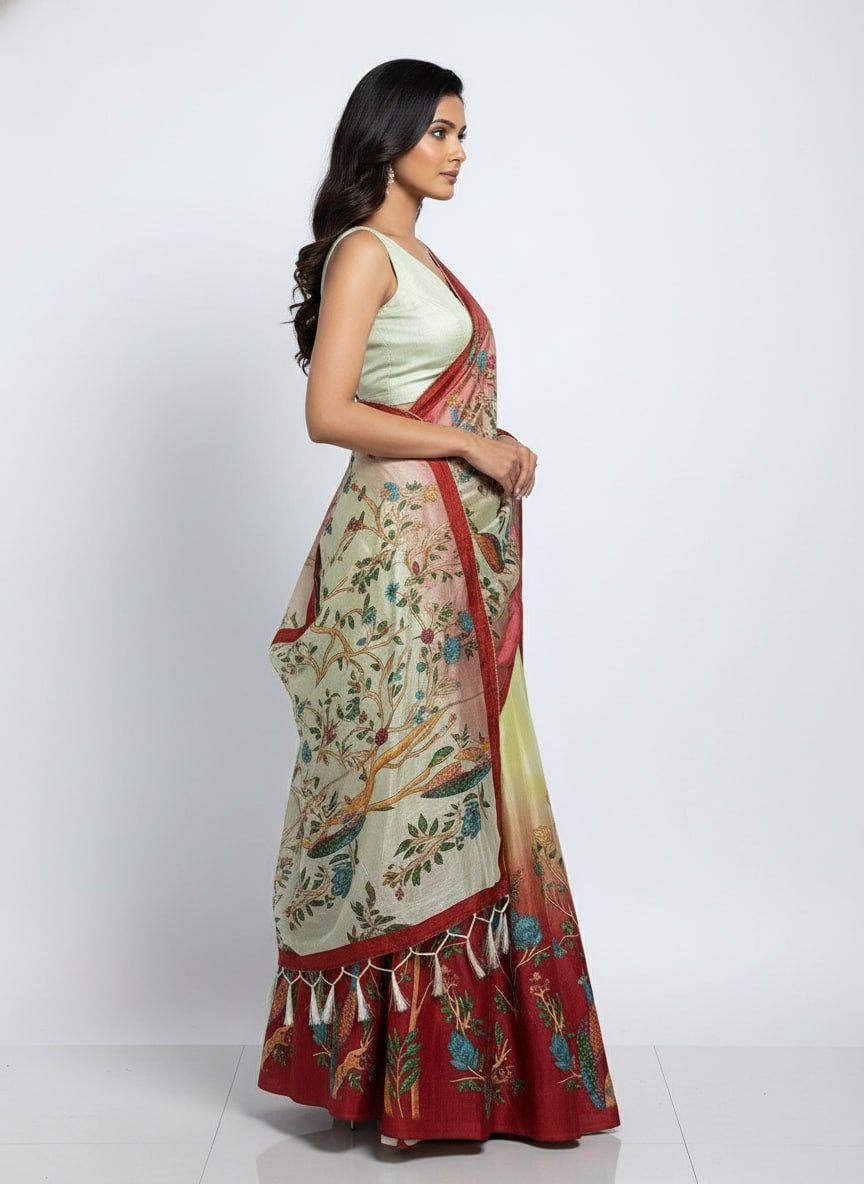 Designer Cream & Red Dola Silk Digital Print Lehenga Choli with Dupatta | Elegant Festive & Wedding Wear Lehenga Set