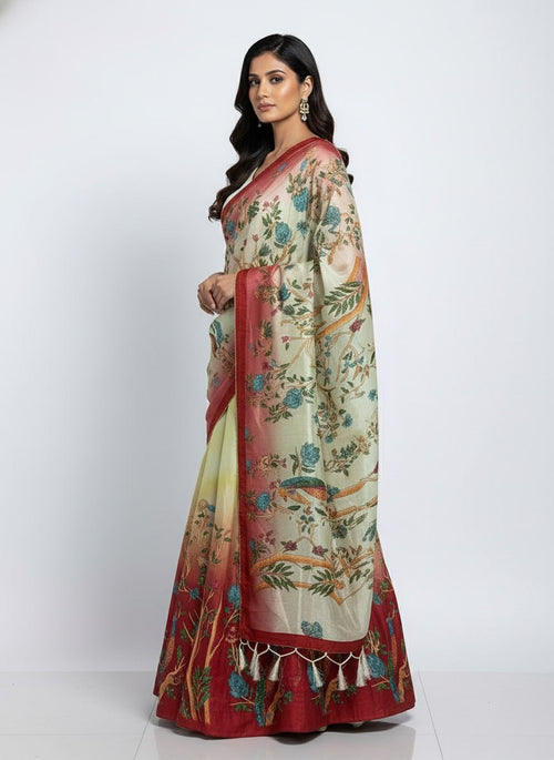 Designer Cream & Red Dola Silk Digital Print Lehenga Choli with Dupatta | Elegant Festive & Wedding Wear Lehenga Set