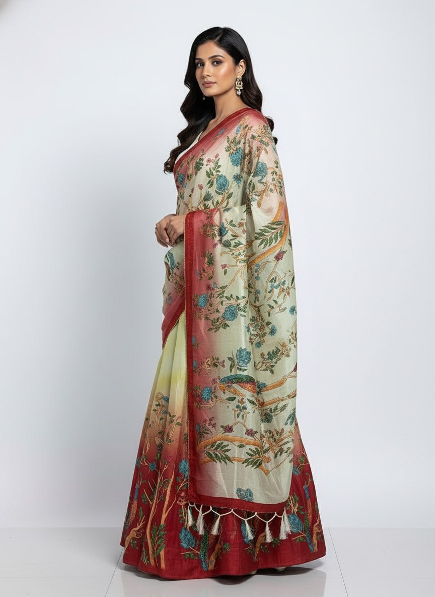 Designer Cream & Red Dola Silk Digital Print Lehenga Choli with Dupatta | Elegant Festive & Wedding Wear Lehenga Set