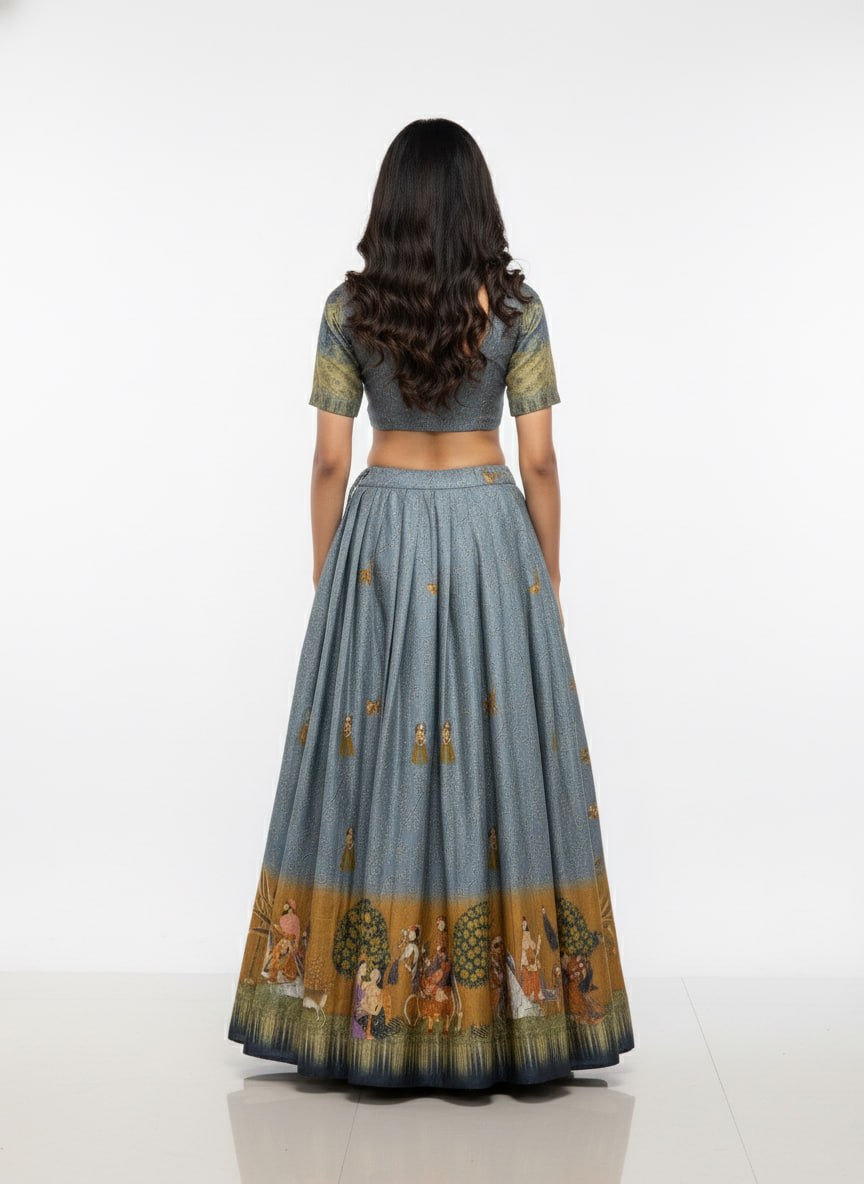 Grey Dola Silk Lehenga Choli Set | Digital Print Dupatta | Navratri Garba Outfit Women | Indian Wedding Festive Ethnic Wear