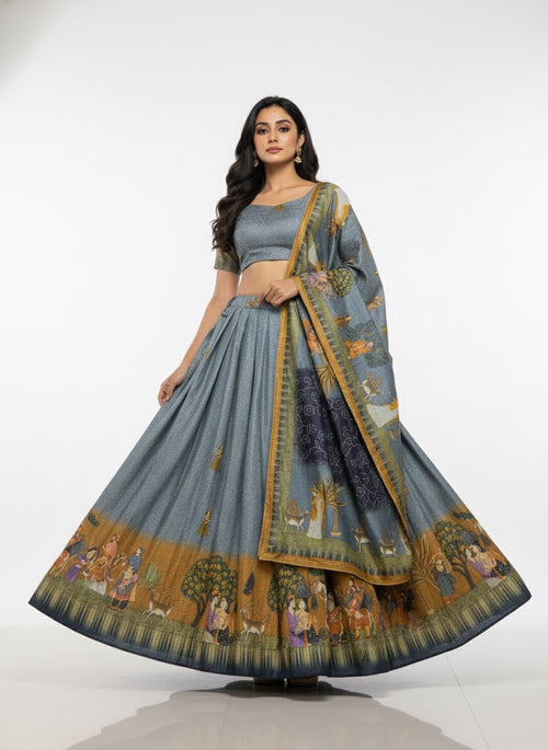 Designer Grey Dola Silk Digital Print Lehenga Choli with Dupatta | Elegant Festive & Wedding Wear Lehenga Set