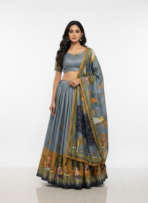 Designer Grey Dola Silk Digital Print Lehenga Choli with Dupatta | Elegant Festive & Wedding Wear Lehenga Set