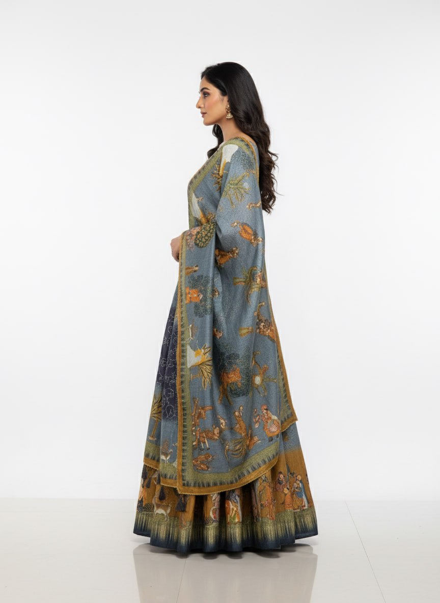 Grey Dola Silk Lehenga Choli Set | Digital Print Dupatta | Navratri Garba Outfit Women | Indian Wedding Festive Ethnic Wear
