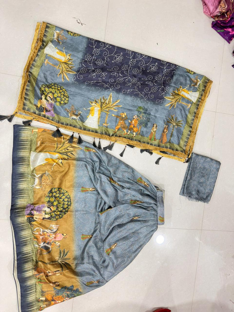 Grey Dola Silk Lehenga Choli Set | Digital Print Dupatta | Navratri Garba Outfit Women | Indian Wedding Festive Ethnic Wear