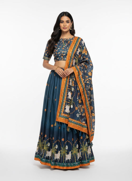 Designer Navy Blue Dola Silk Digital Print Lehenga Choli with Dupatta | Festive & Wedding Wear Lehenga Set