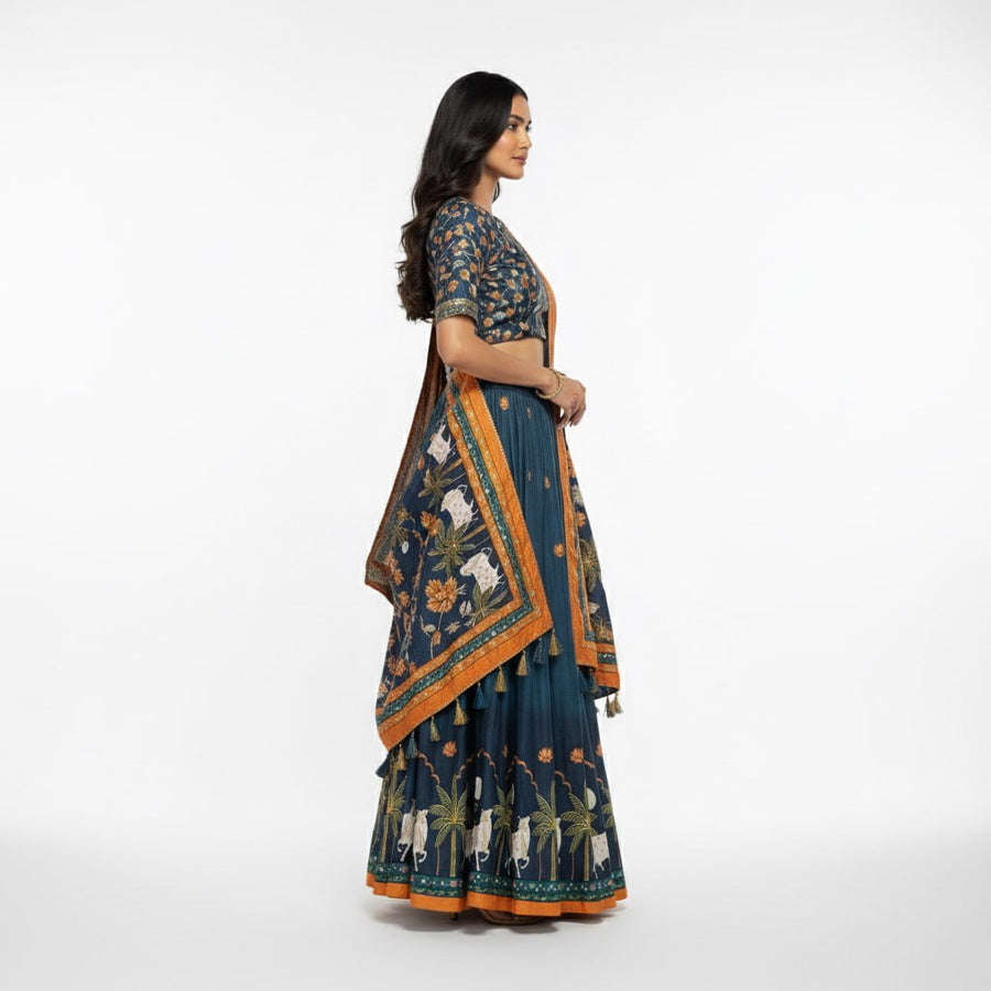 Teal Blue Dola Silk Lehenga Choli with Printed Dupatta, Indian Wedding Lehenga, Designer Ethnic Wear for Women, Festive Lehenga Set