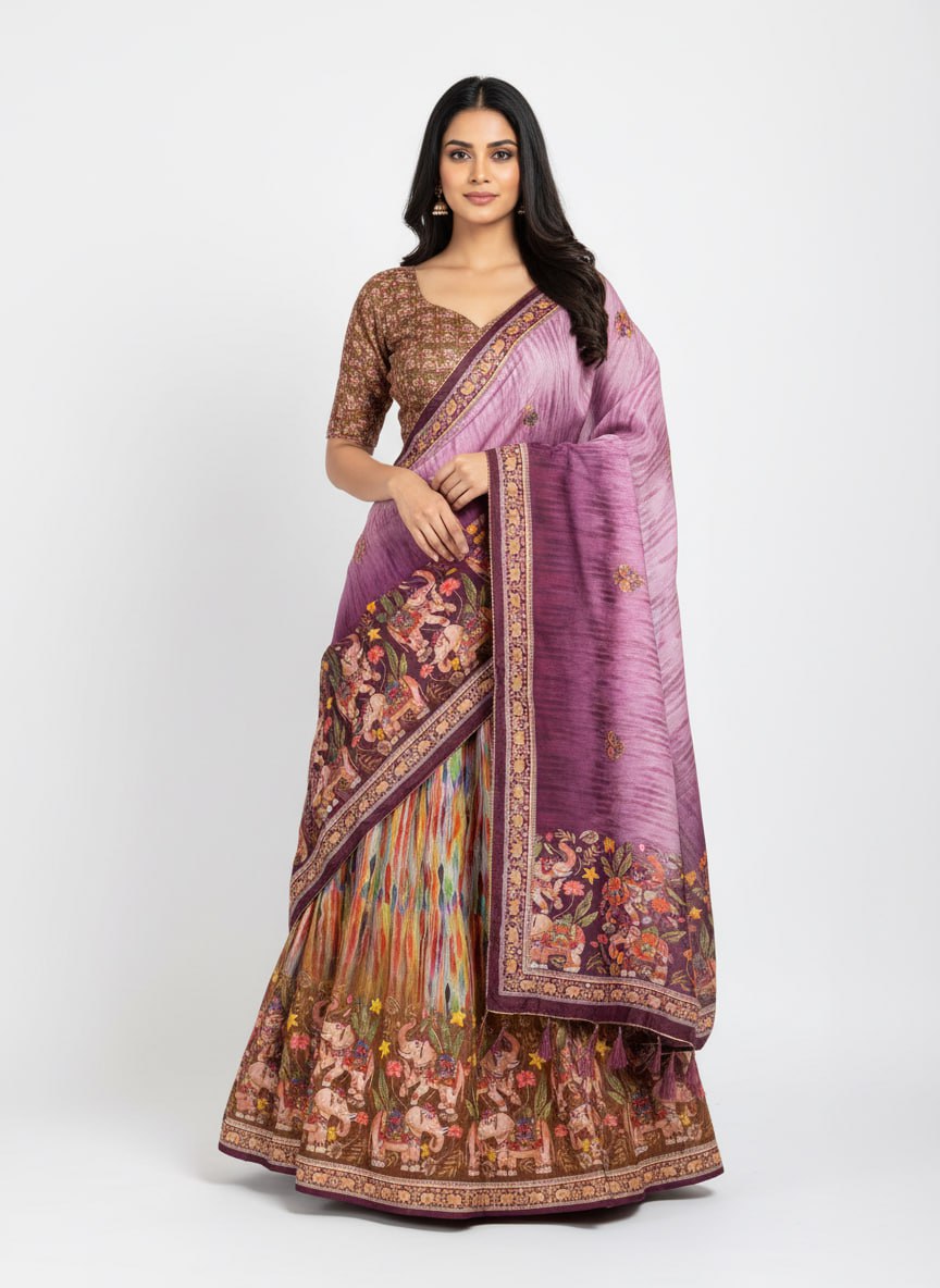 Purple Dola Silk Lehenga Choli Set | Printed Dupatta | Navratri Garba Outfit Women | Indian Wedding Festive Ethnic Wear