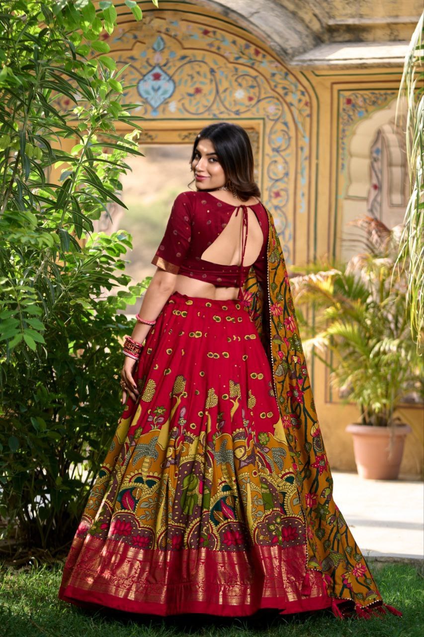 Red Dolla Silk Lehenga Choli Set | Foil Print Chaniya Choli | Navratri Garba Dress for Women | Indian Festive Wear
