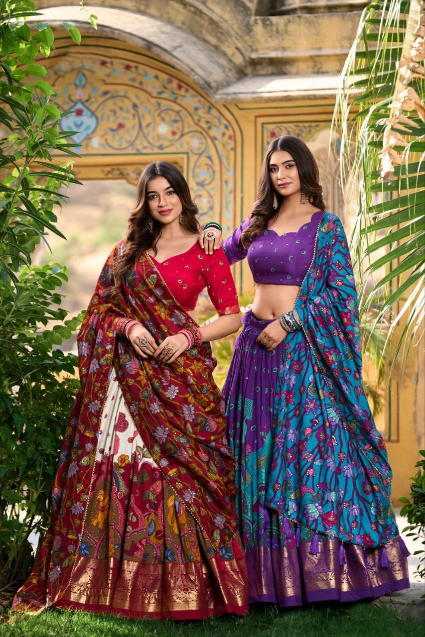 Maroon Silk Lehenga Choli Set | Cream Printed Skirt & Floral Dupatta | Navratri Garba Outfit Women | Indian Wedding Ethnic Wear