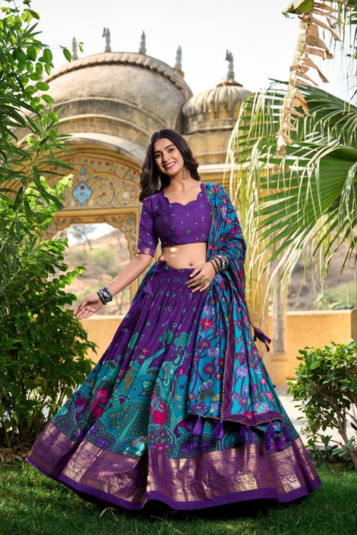 Pure Dolla Silk Chaniya Choli with Vibrant Foil Print & Contrast Dupatta