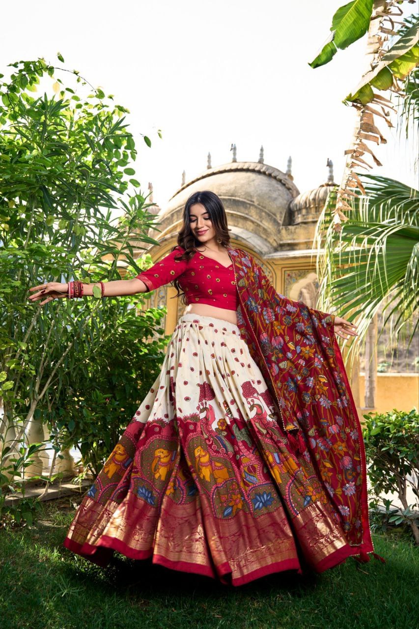 Pure Dolla Silk Chaniya Choli with Vibrant Foil Print & Contrast Dupatta