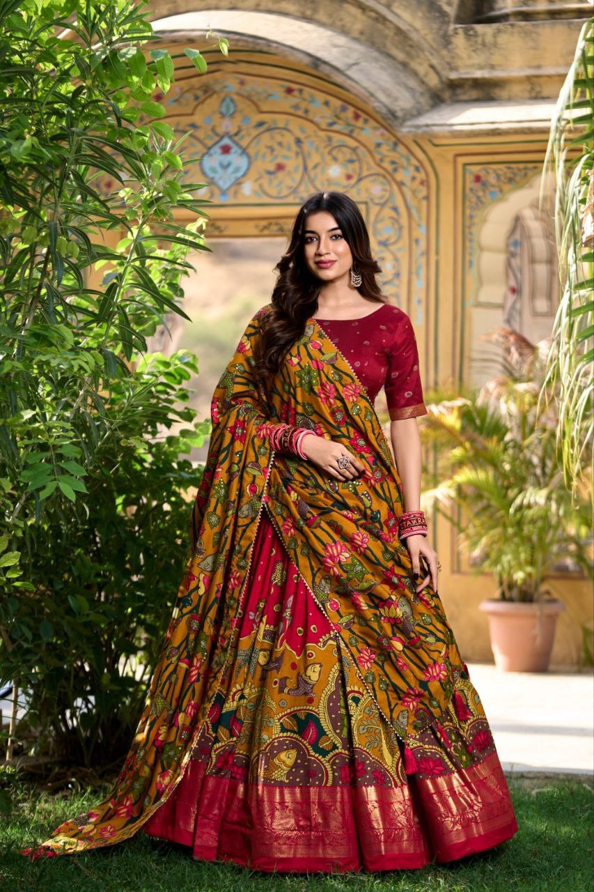 Pure Dolla Silk Chaniya Choli with Vibrant Foil Print & Contrast Dupatta